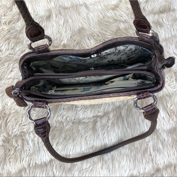 Brighton straw handbag purse, tan/white woven with dark leather finishes. - Picture 2 of 4